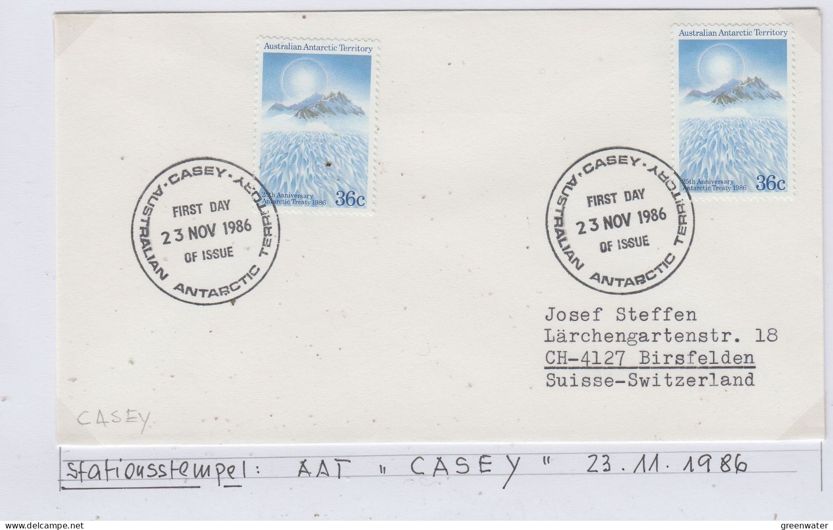 AAT Antarctic Treaty 1v (pair) Ca Casey 23.11.1986 (AS161A) - FDC