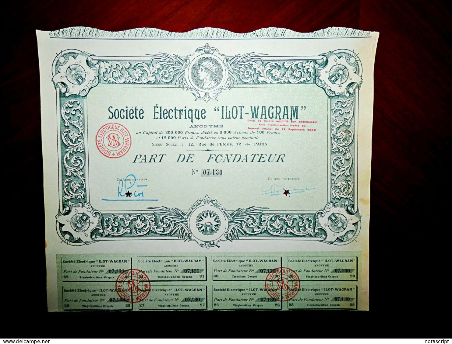 Société Électrique ”Ilot-Wagram” Paris, 1922, Share Certificate - Electricité & Gaz