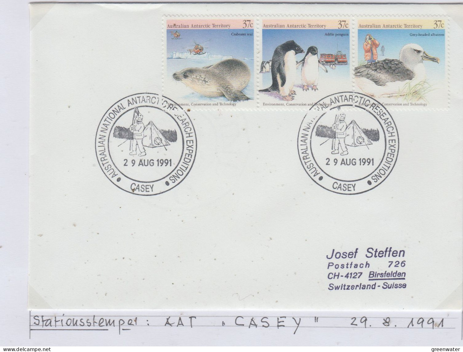 AAT Wildlife 3v Ca Casey 29.08.1991 (AS161C) - Cartas & Documentos