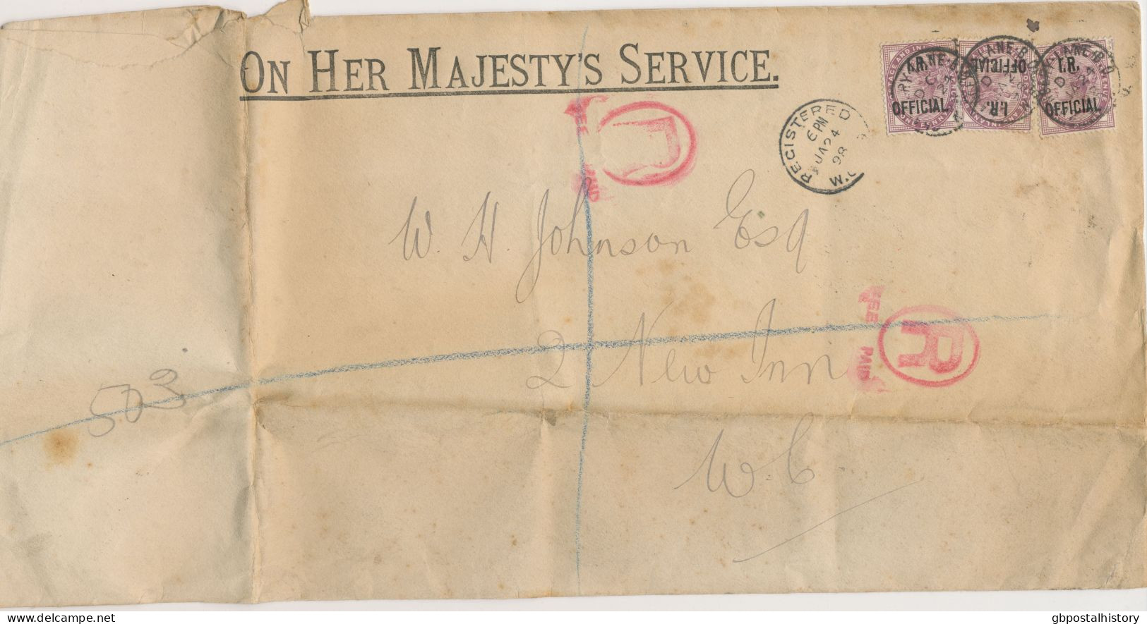 GB 1898 Large ON HER MAJESTY’S SERVICE Cover (condition See Scans) Franked With QV 1d Lilac (3) With „I.R. / OFFICIAL" - Oficiales