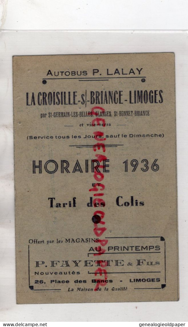 87- LA CROISILLE SUR BRIANCE -LIMOGES-SAINT GERMAIN LES BELLES-GLANGES-ST BONNET -RARE CARTE AUTOBUS P. LALAY-- FAYETTE - Verkehr & Transport