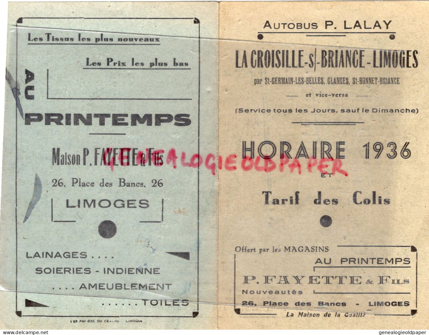 87- LA CROISILLE SUR BRIANCE -LIMOGES-SAINT GERMAIN LES BELLES-GLANGES-ST BONNET -RARE CARTE AUTOBUS P. LALAY-- FAYETTE - Transports