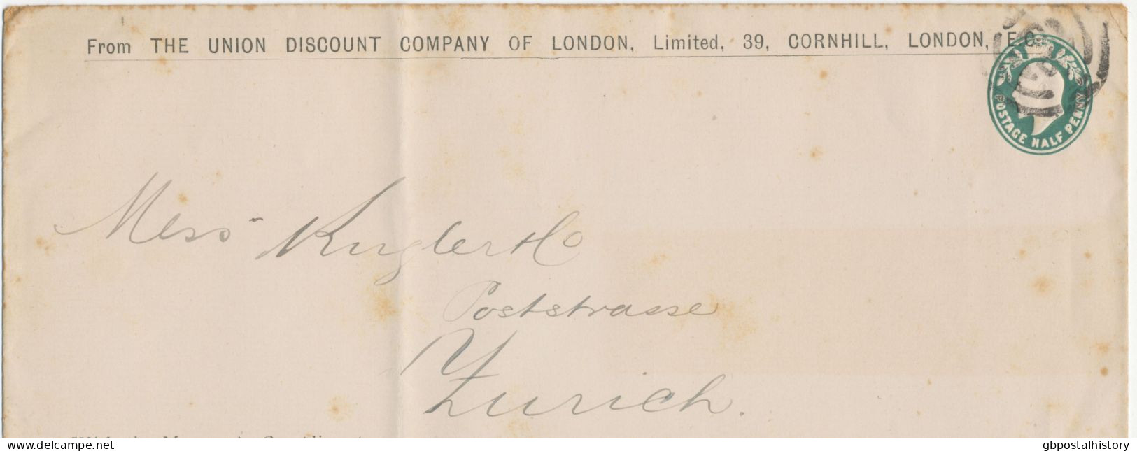 GB 1902, EVII ½d Blue-green Large Stamped To Order Postal Stationery Envelope (The Union Discount Company Of London Ltd. - Lettres & Documents