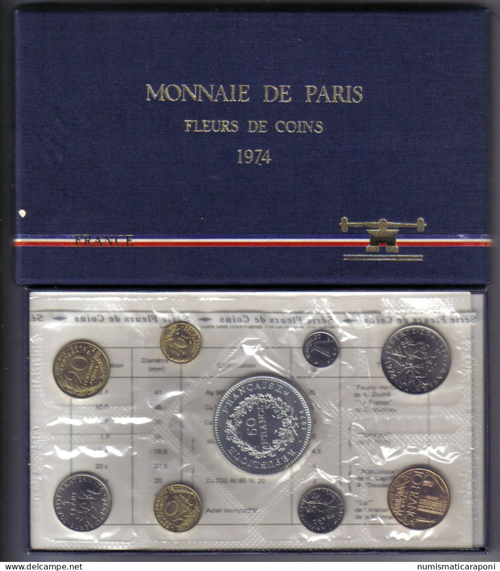 Francia France Coffret Serie Fleurs De Coins Monnaie De Paris  Fdc 1974 Avec La 50 Francs Hercule - BU, BE & Muntencassettes