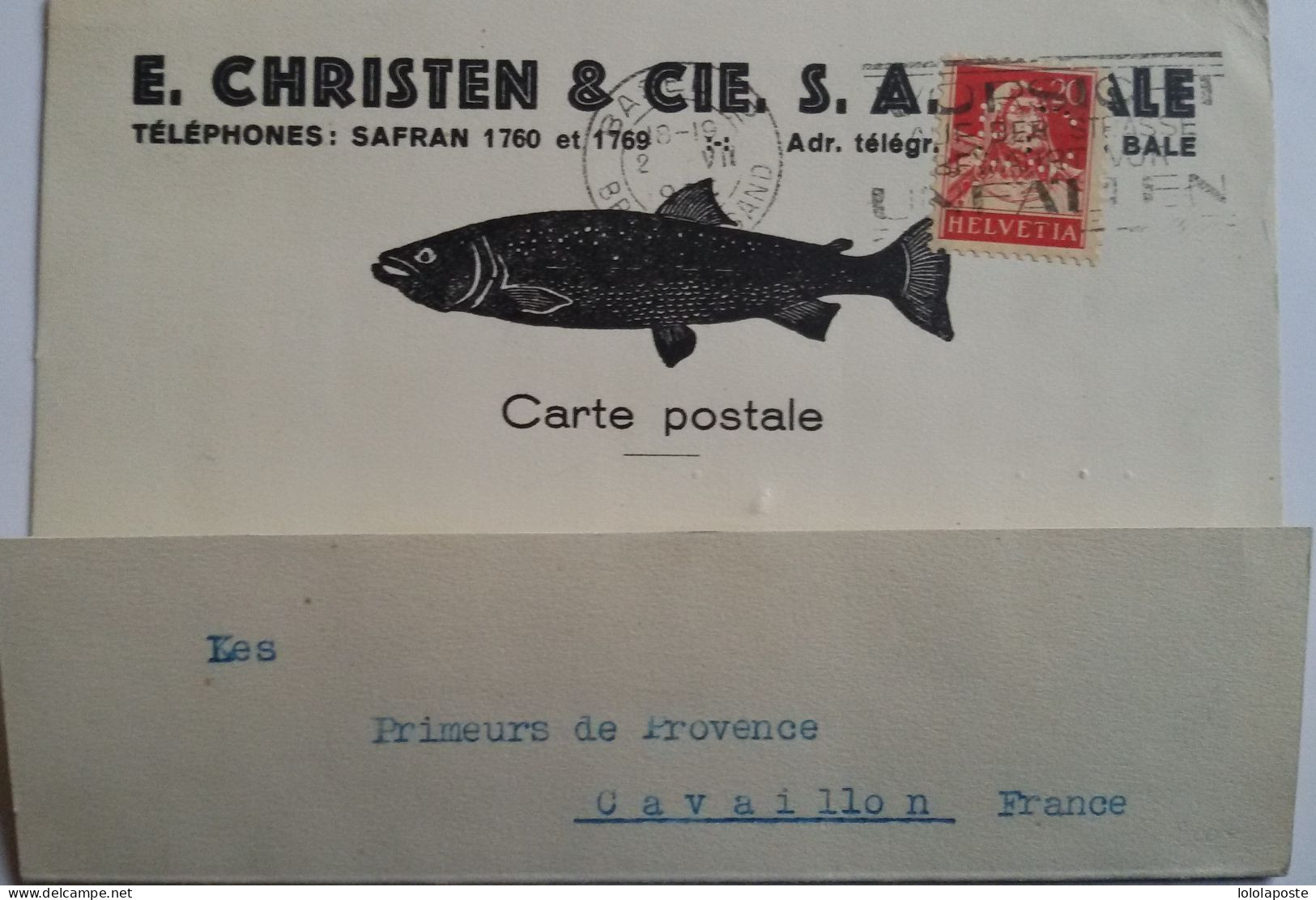 SUISSE - SUPERBE Carte Postale THEME PÊCHE Avec  TP 20c Perforé EC. (E. CHRISTEN) - 3 Photos - Perfins