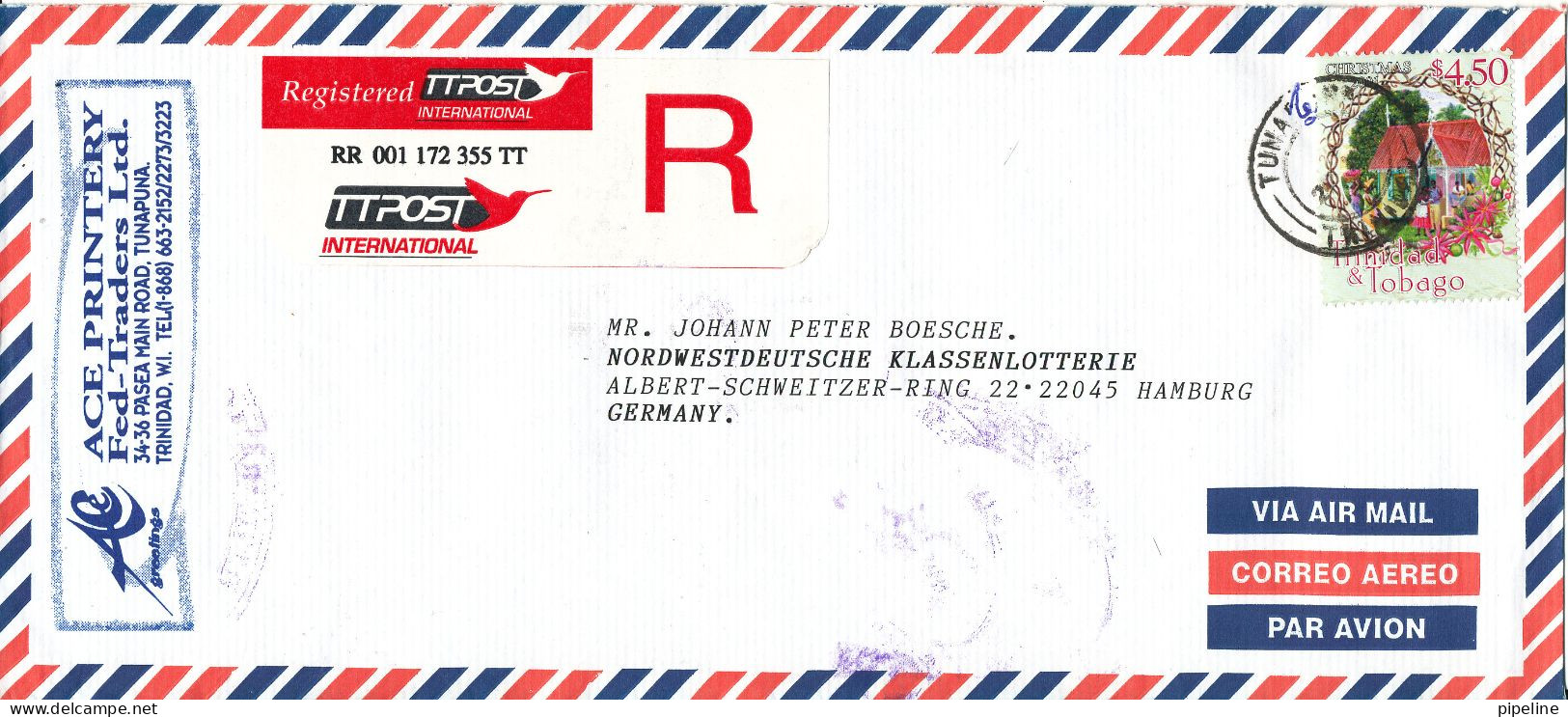 Trinidad & Tobago Registered Air Mail Cover Sent To Germany 27-11-2001 Single Franked - Trinidad & Tobago (1962-...)
