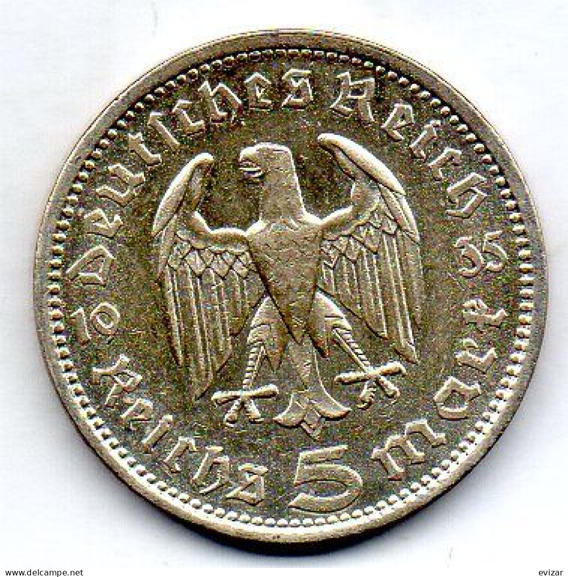 GERMANY - THIRD REICH, 5 Reichs Mark, Silver, Year 1935-A, KM # 86 - 5 Reichsmark