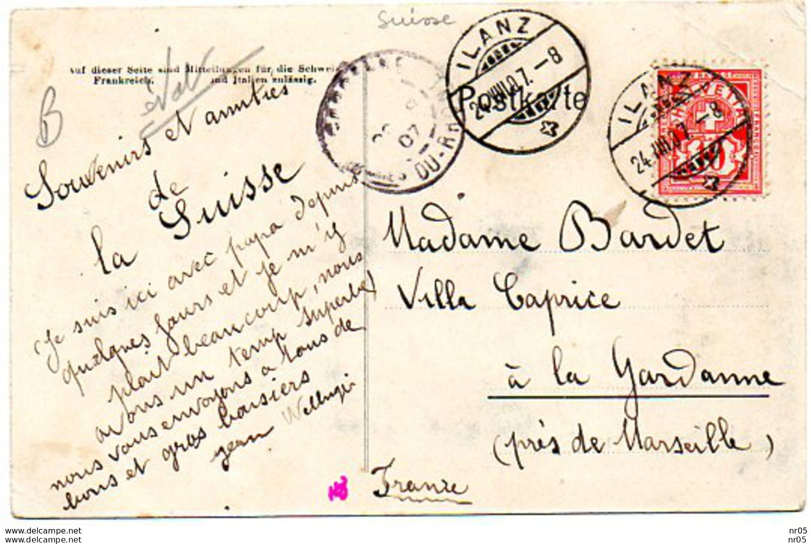 SUISSE - ILANZ Und Todikette ( Cachet Postal ILANZ " 1907 CP Pour France La Gardanne Pres Marseille ) 1907 - Ilanz/Glion