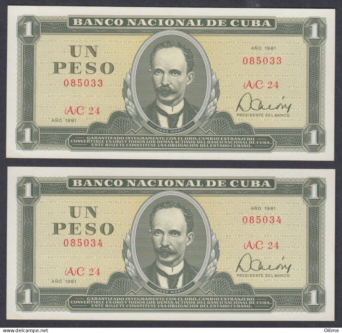 CUBA 1981. BILLETES DE 1 PESO. PAREJA CORRELATIVA. SIN CIRCULAR - Cuba