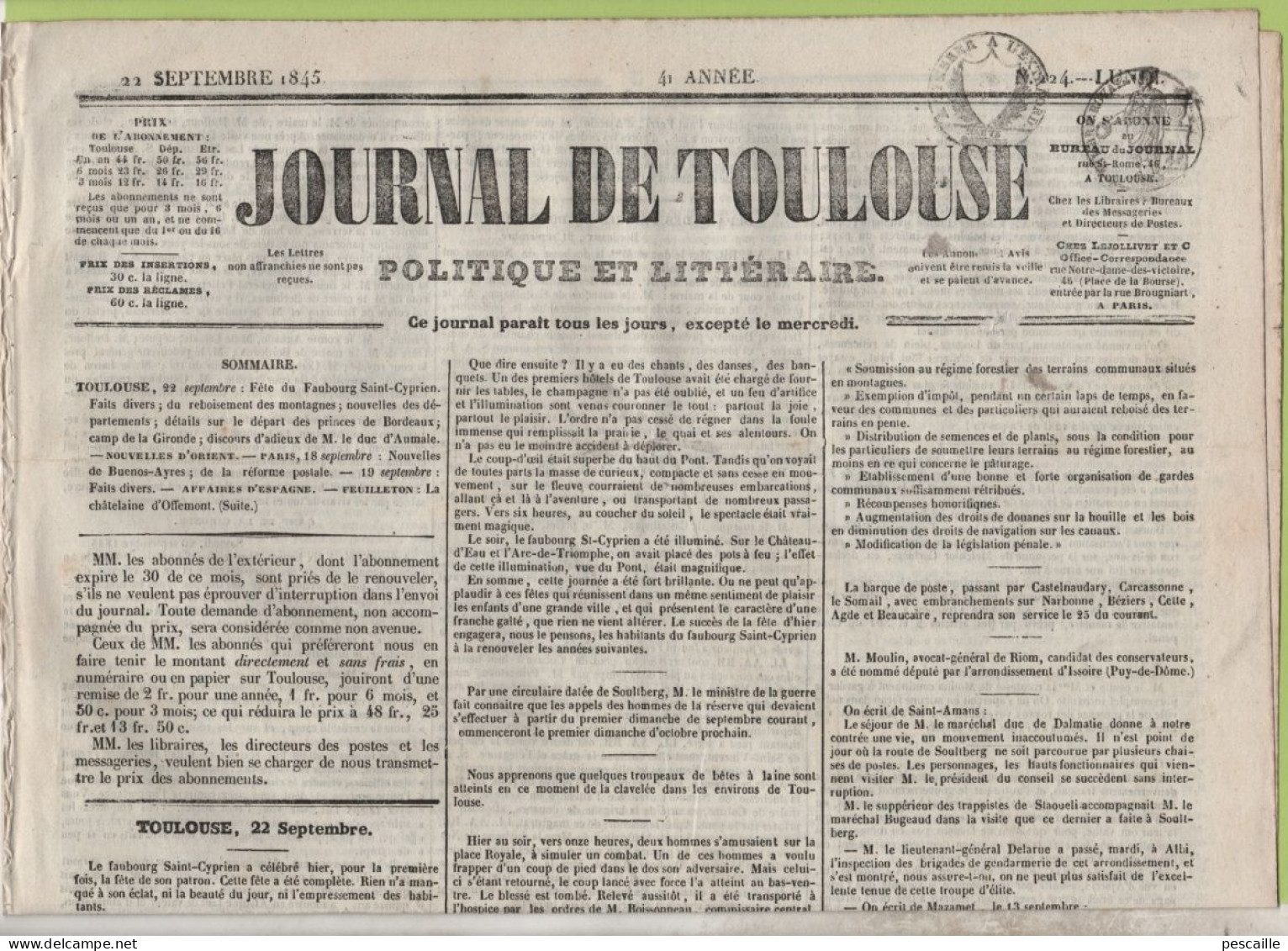 JOURNAL DE TOULOUSE 22 09 1845 - FAUBOURG ST CYPRIEN - REBOISEMENT - MAZAMET - FELINES 34 - AJACCIO - ALEXANDRIE - HAITI - 1800 - 1849