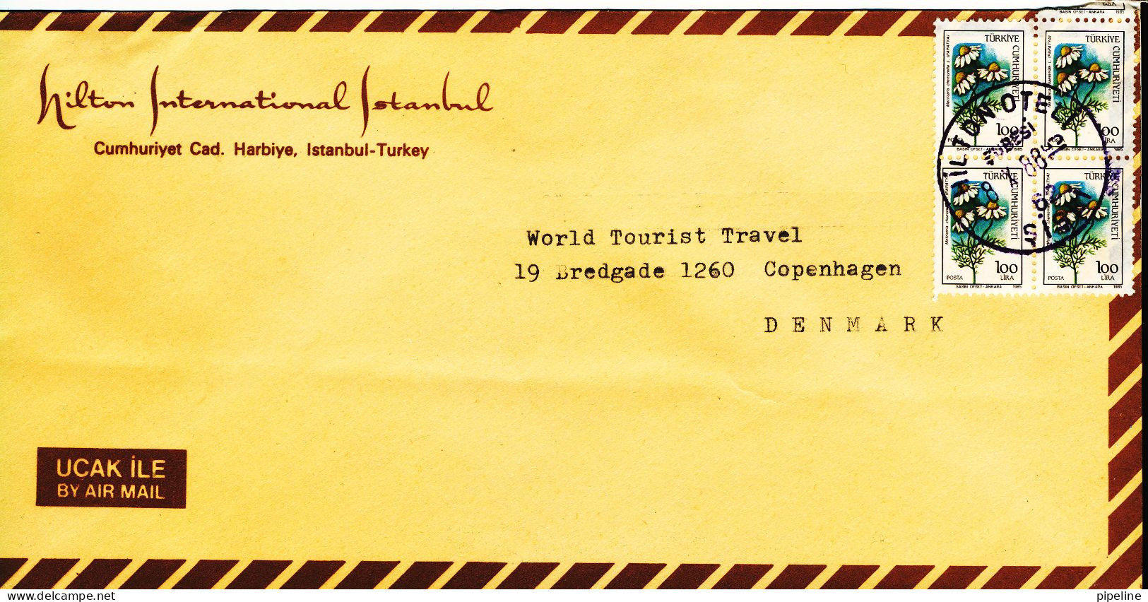 Turkey Air Mail Cover Sent To Denmark Hilton Hotel 8-10-1988 With A Block Of 4 Flowers - Covers & Documents