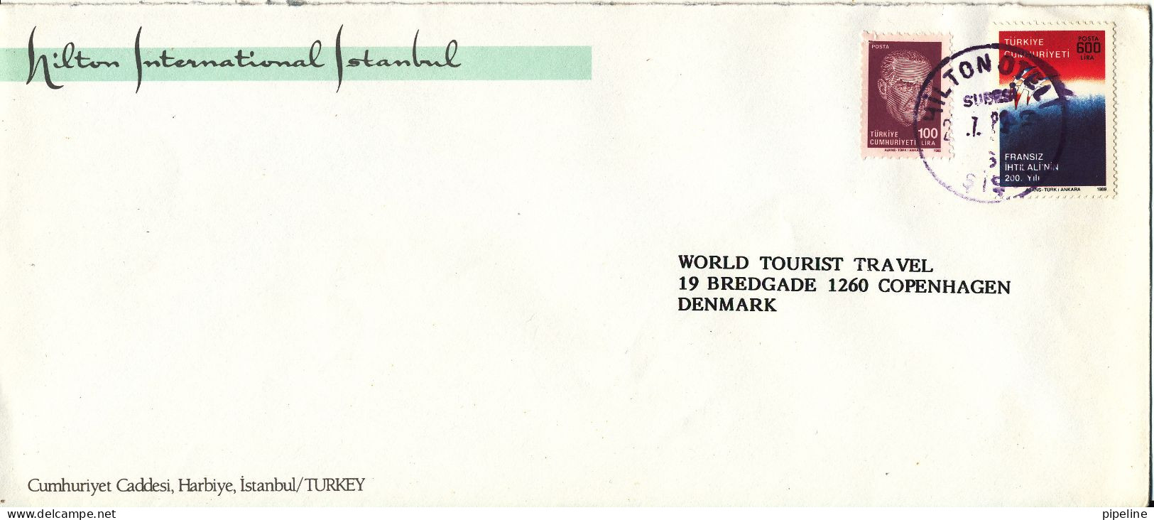 Turkey Cover Sent To Denmark Hilton Hotel 1989 - Covers & Documents