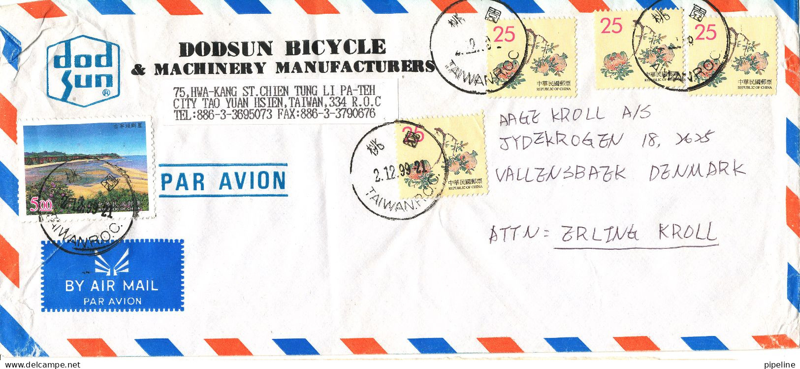 Taiwan Air Mail Cover Sent To Denmark 2-12-1999 With More Topic Stamps Folded Cover - Corréo Aéreo