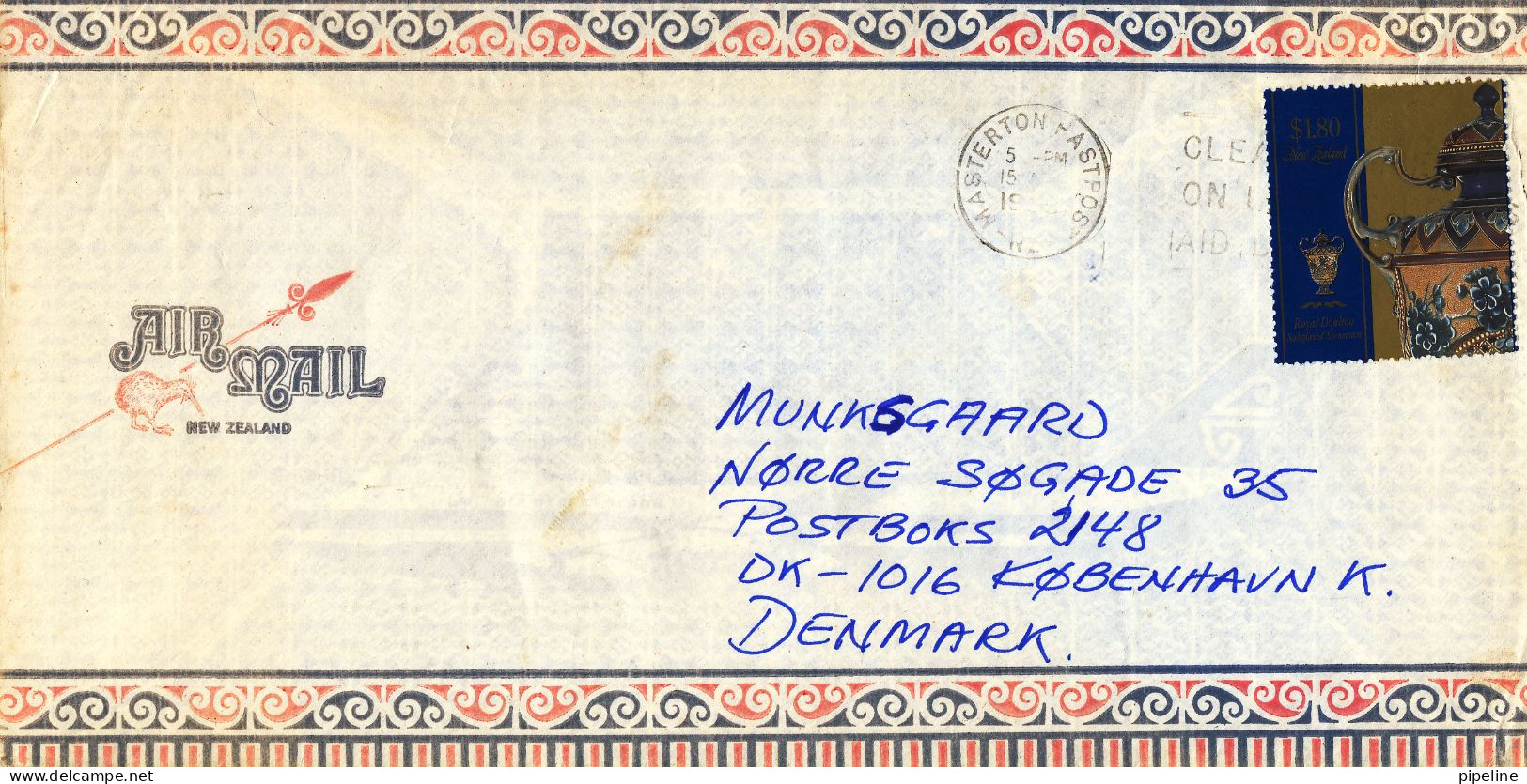 New Zealand Air Mail Cover Sent To Denmark 1993 ?? Single Franked - Luftpost