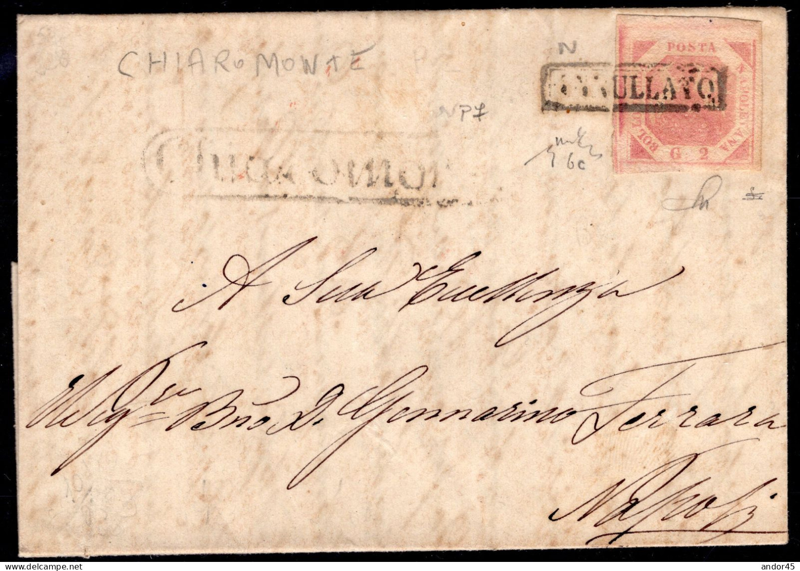 1858 … MAGGIO NAPOLI 2 Gr. II TAVOLA SASS 6c CON BELLISSIMI MARGINI SU PIEGO DI LETTERA CON TESTO DA CHIAROMONTE P7 PER - Napoli