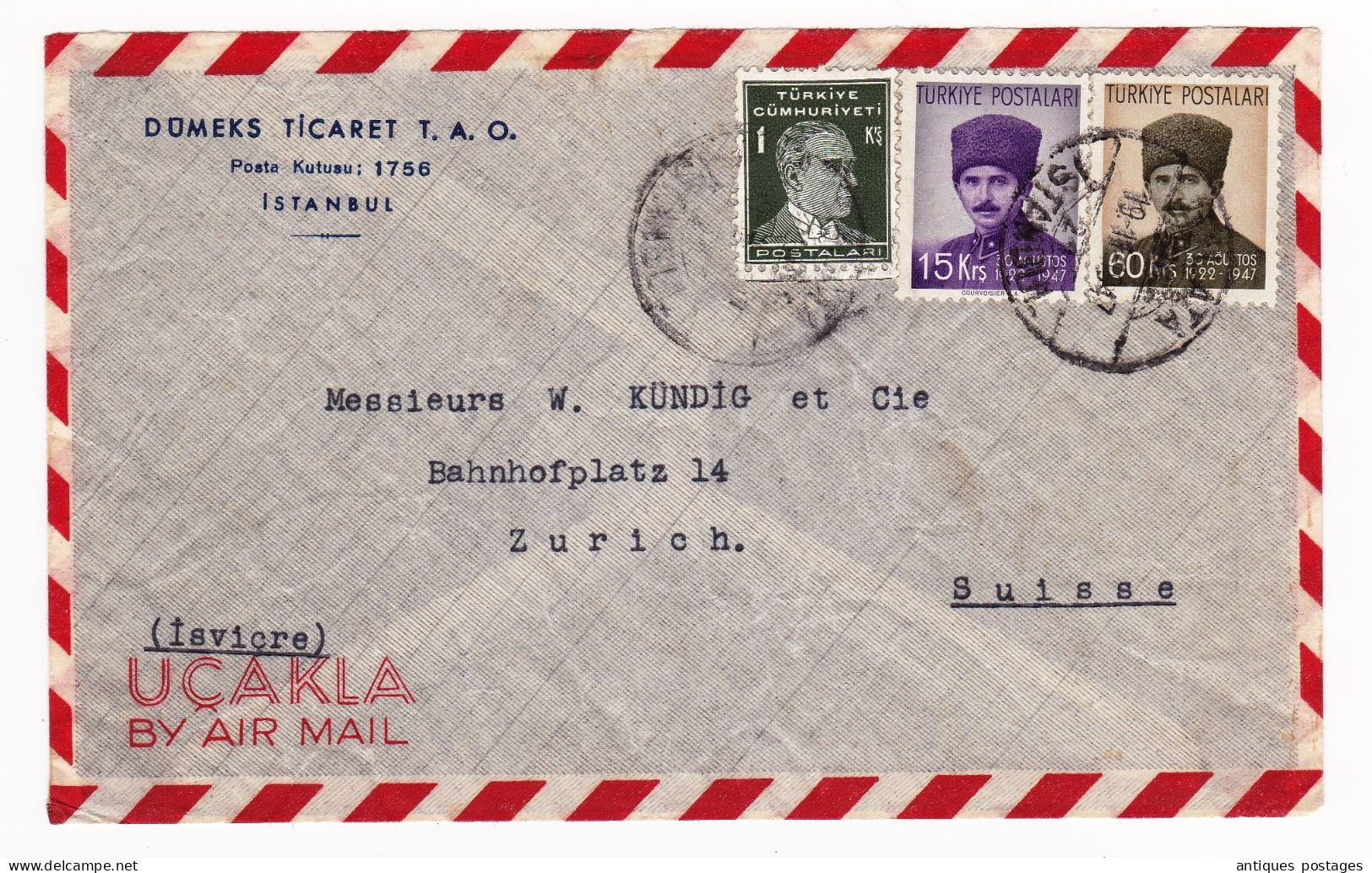 Istanbul 1947 Türkiye Turquie Turquey Dümeks Ticaret T.A.O Zurich Switzerland W. Kundig Et Cie Stamp Atatürk Dumlupınar - Covers & Documents