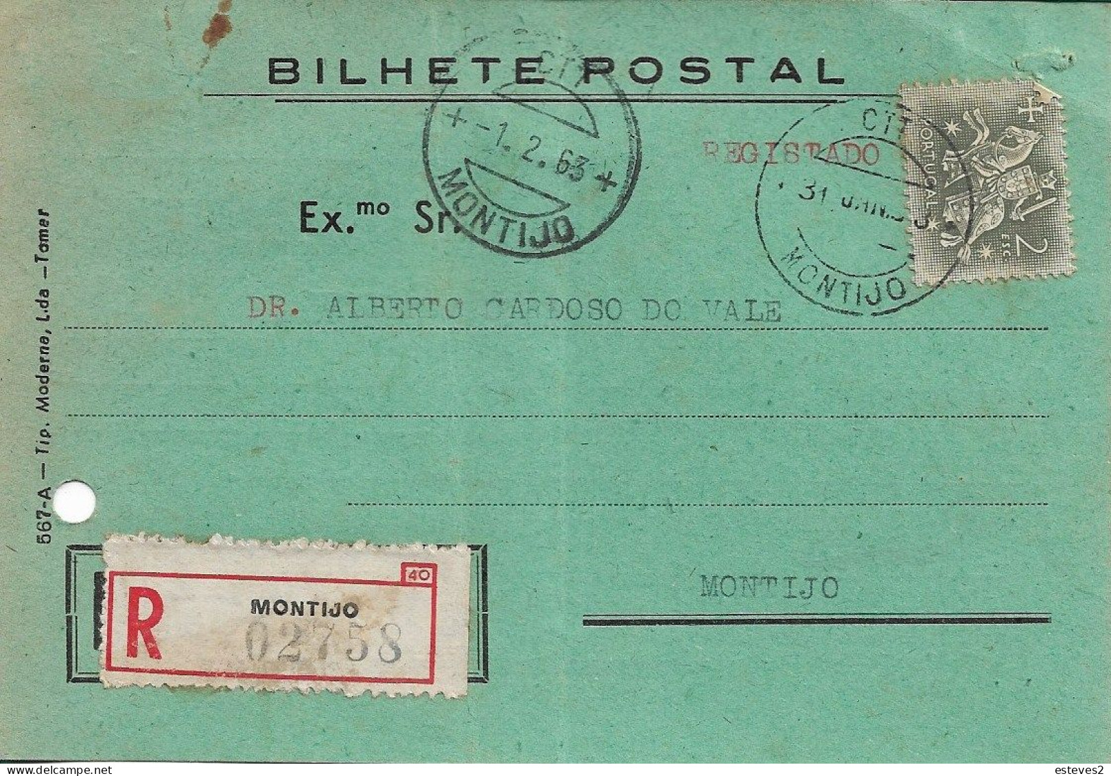 Portugal ,1963 , Postal Notification From TRIBUNAL DO MONTIJO , Court ,   Postmark And Registration Label - Portogallo