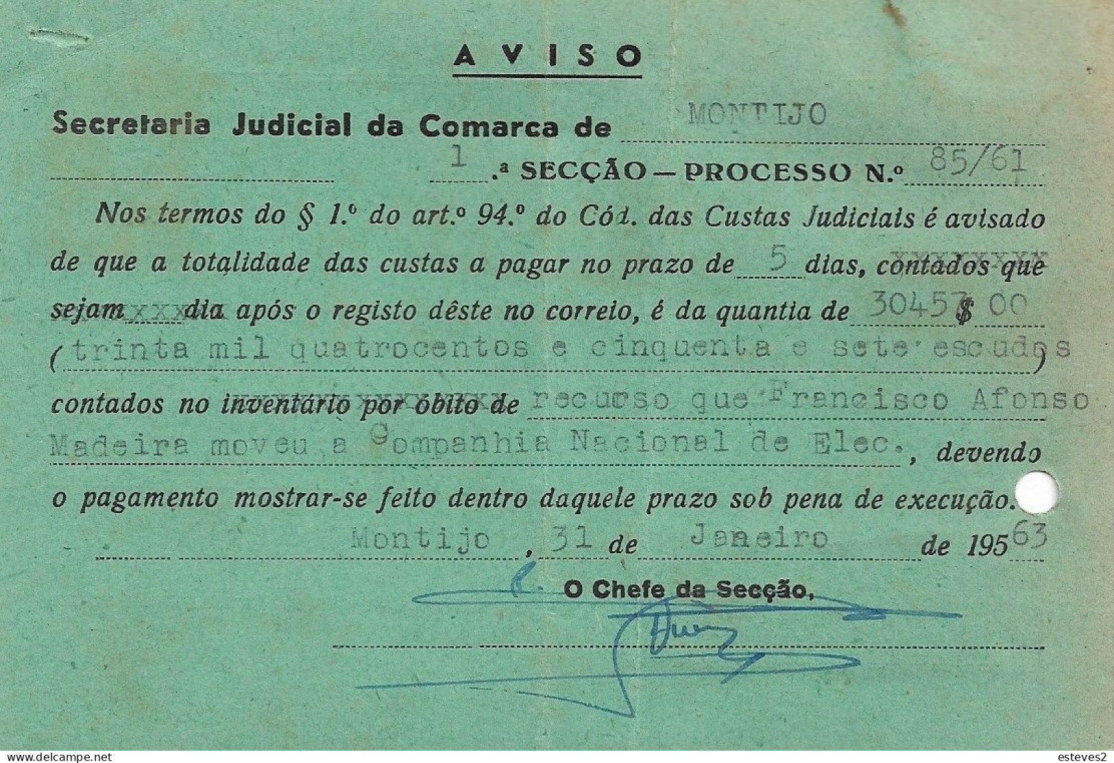 Portugal ,1963 , Postal Notification From TRIBUNAL DO MONTIJO , Court ,   Postmark And Registration Label - Portogallo