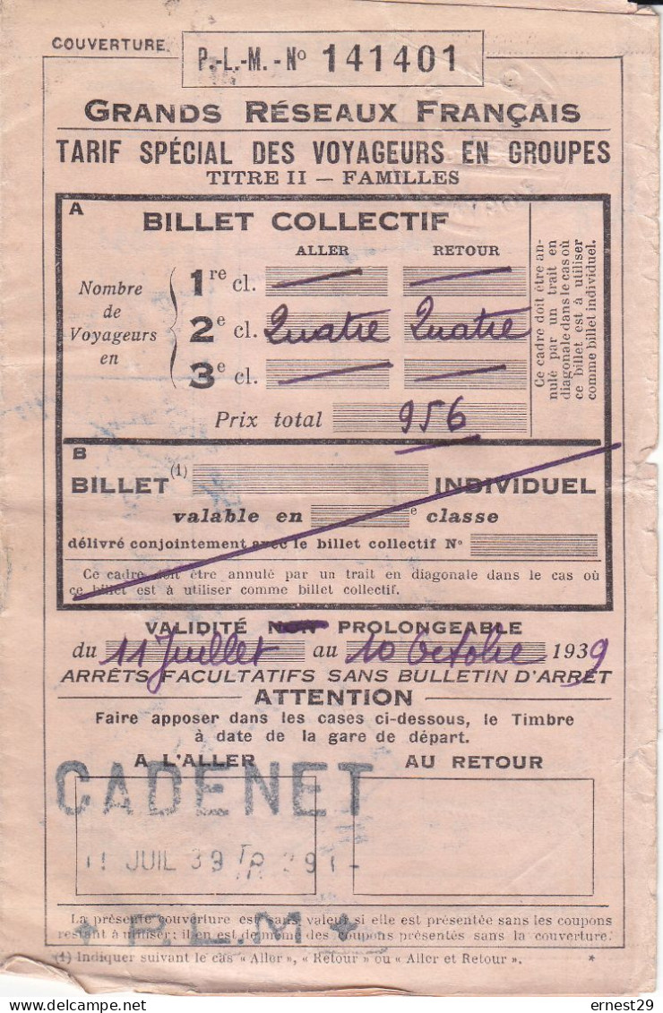 PLM Grands Reseaux Français Tarif Des Voyageurs En Groupe 1939 - Europe