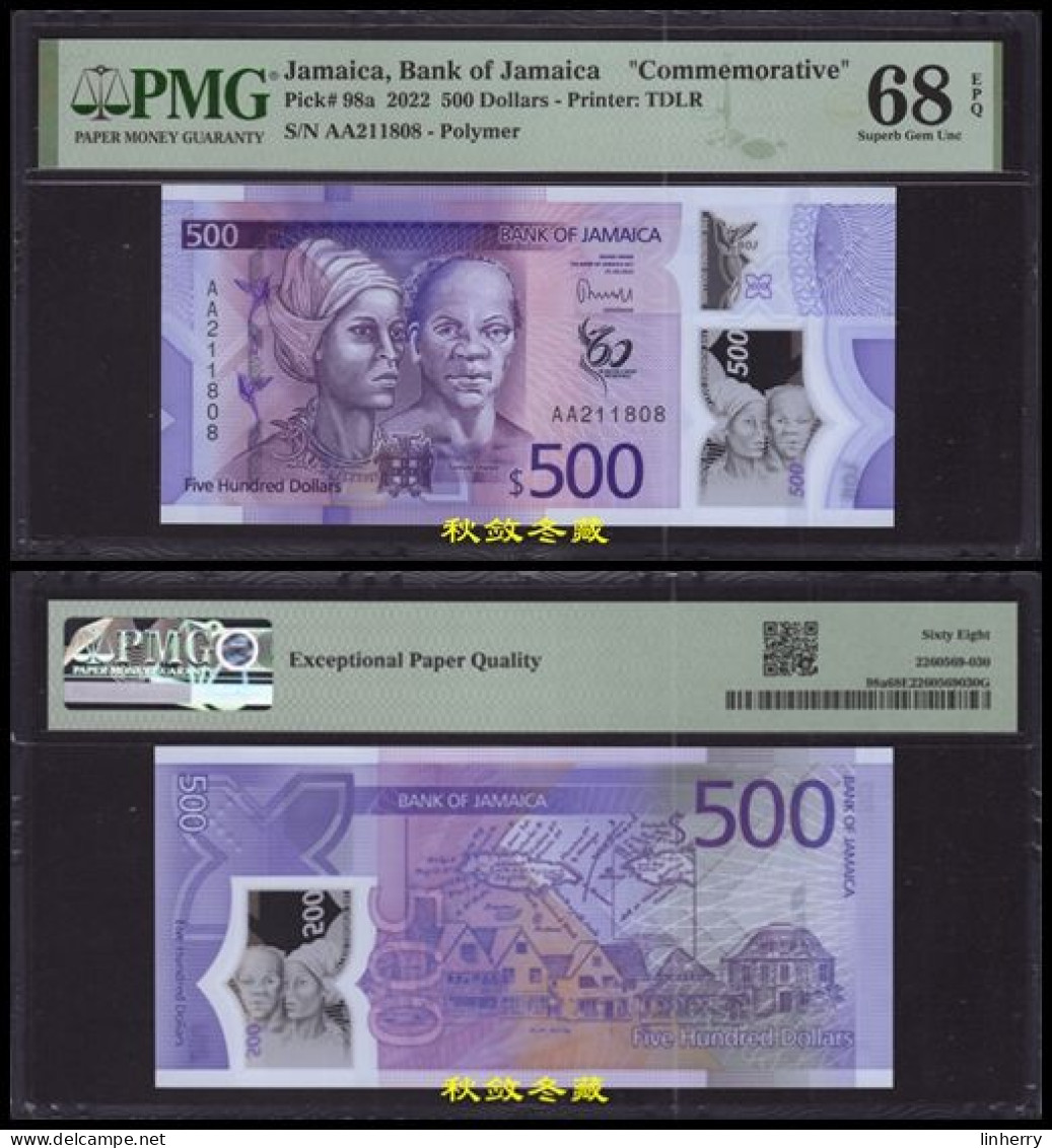 Jamaica 500 Dollars 2023, Polymer, Commemorative, AA Prefix, PMG68 - Jamaique