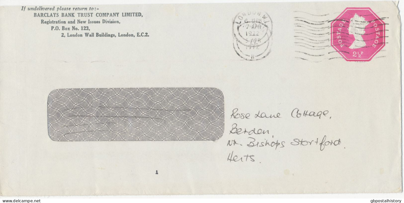 GB 1972, QEII 2½p Machin Embossed Stamped To Order Large Postal Stationery Envelope (Barclays Bank, London E.C.) VF - Machins