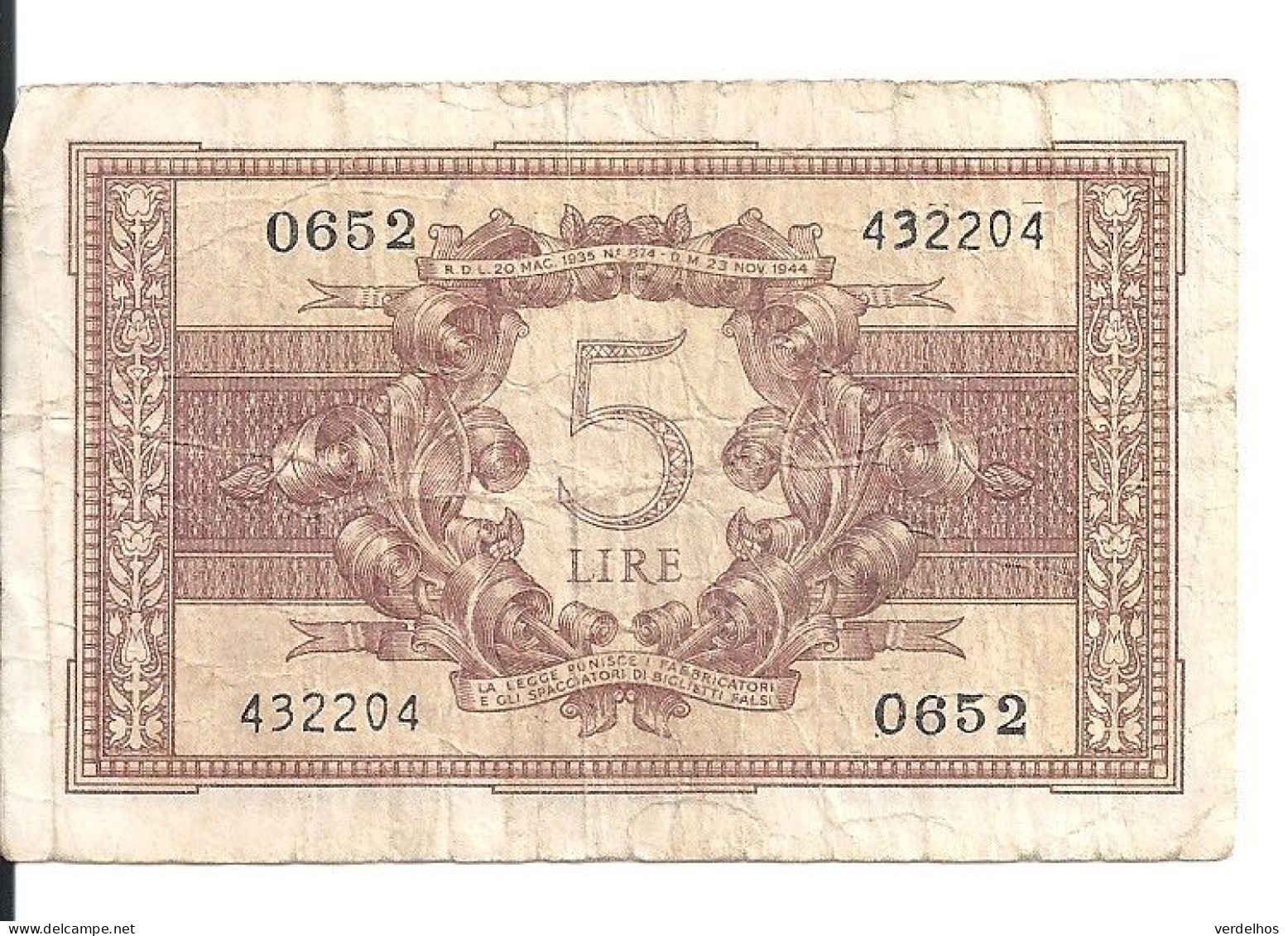 ITALIE 5 LIRE 1944 VG+ P 31 C - Italia – 5 Lire