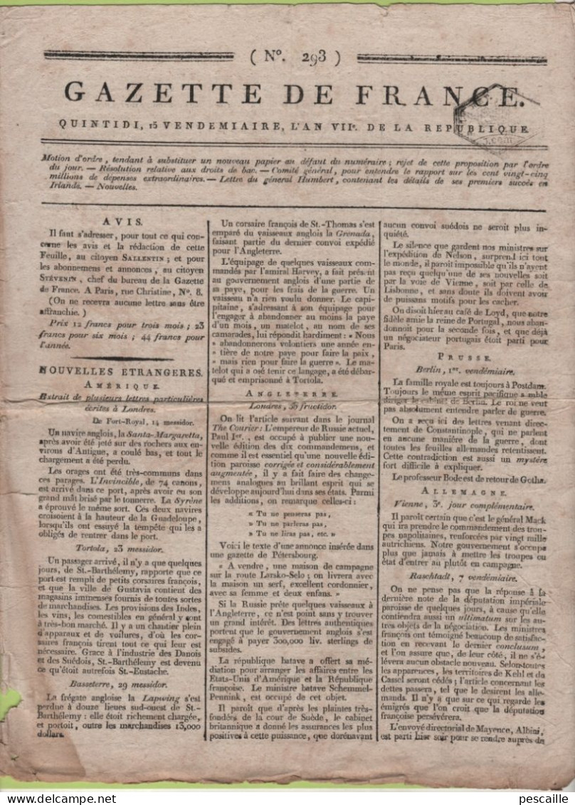 GAZETTE DE FRANCE 15 VENDEMIAIRE AN 7 - LORIENT - IRLANDE Gal HUMBERT CASTELBAR - ILE ST BARTHELEMY CORSAIRES - TORTOLA - Zeitungen - Vor 1800