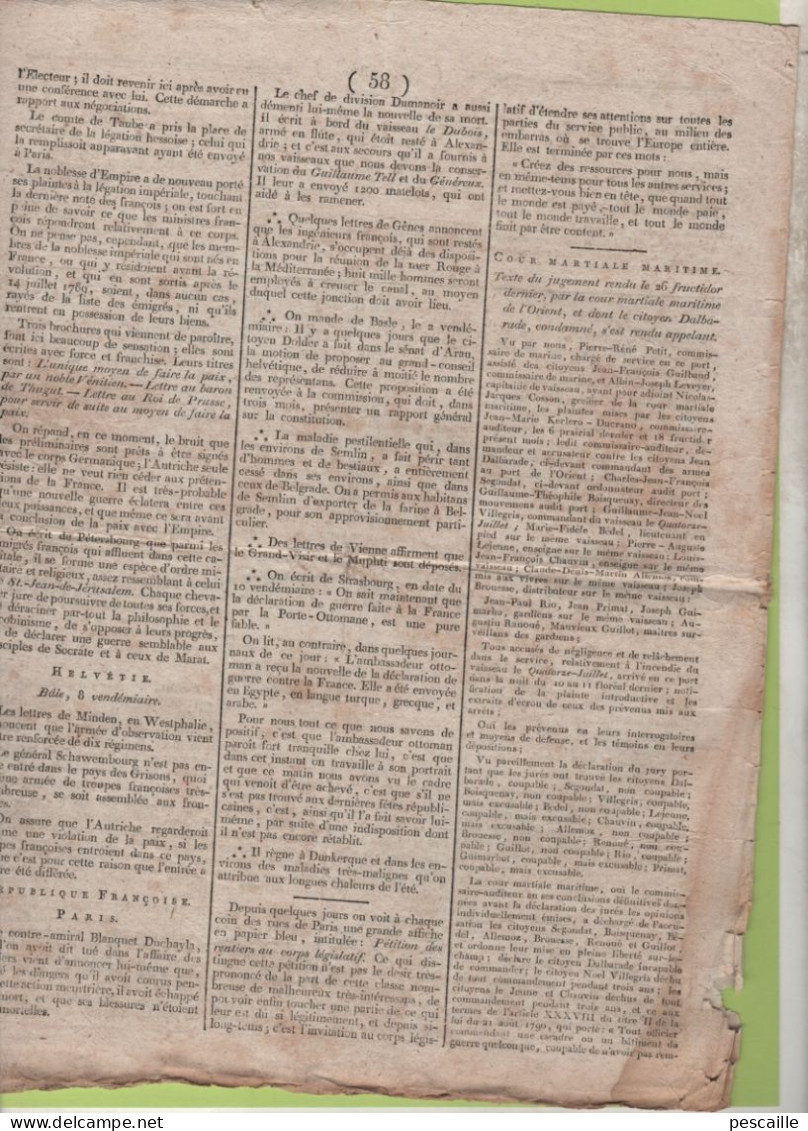 GAZETTE DE FRANCE 15 VENDEMIAIRE AN 7 - LORIENT - IRLANDE Gal HUMBERT CASTELBAR - ILE ST BARTHELEMY CORSAIRES - TORTOLA - Giornali - Ante 1800