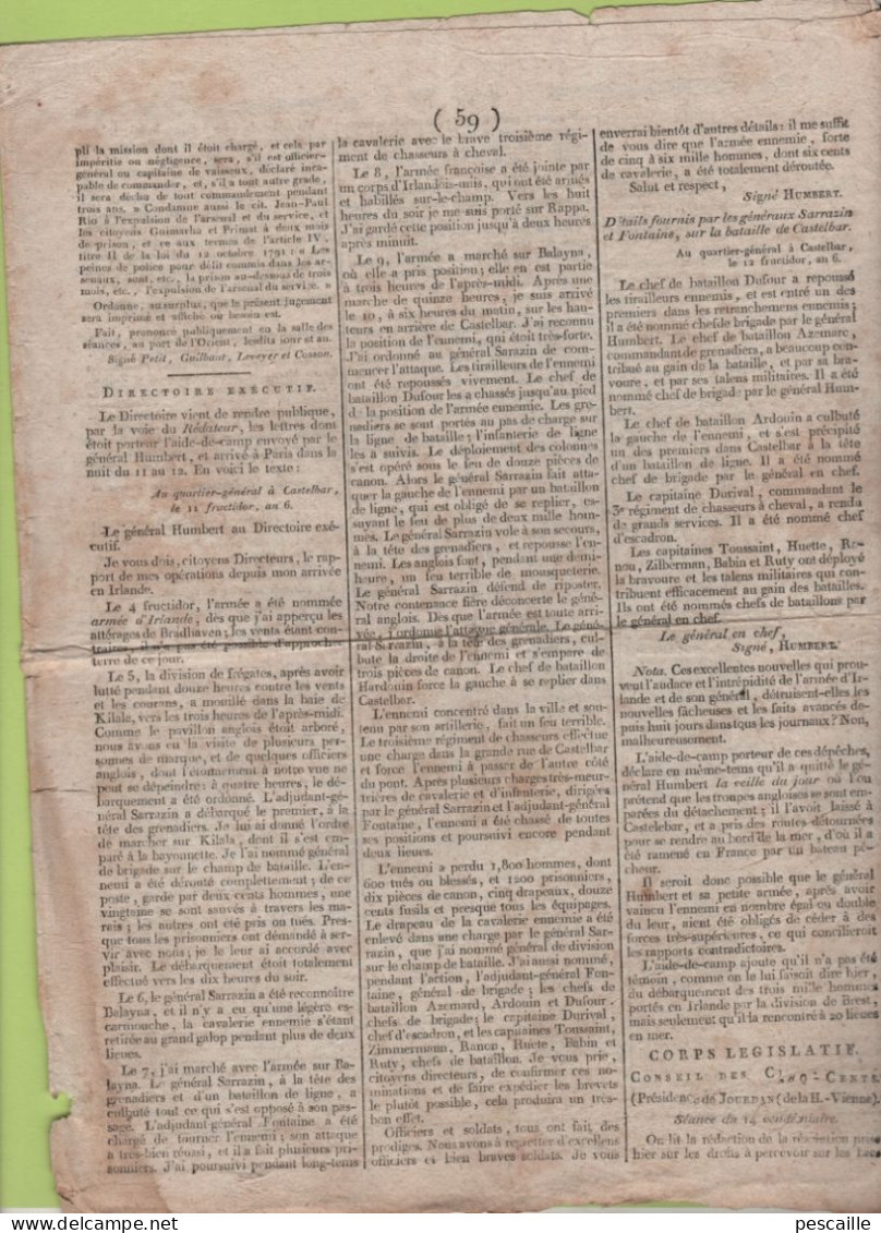GAZETTE DE FRANCE 15 VENDEMIAIRE AN 7 - LORIENT - IRLANDE Gal HUMBERT CASTELBAR - ILE ST BARTHELEMY CORSAIRES - TORTOLA - Zeitungen - Vor 1800
