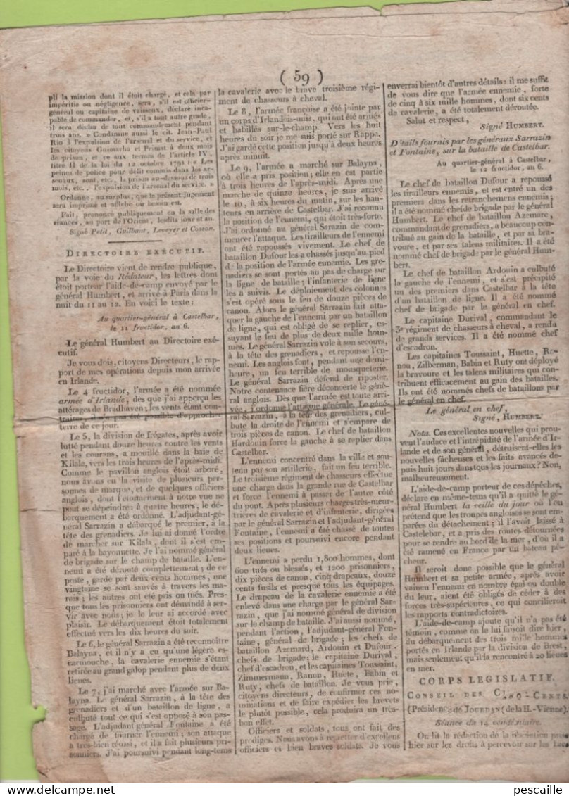 GAZETTE DE FRANCE 15 VENDEMIAIRE AN 7 - LORIENT - IRLANDE Gal HUMBERT CASTELBAR - ILE ST BARTHELEMY CORSAIRES - TORTOLA - Newspapers - Before 1800