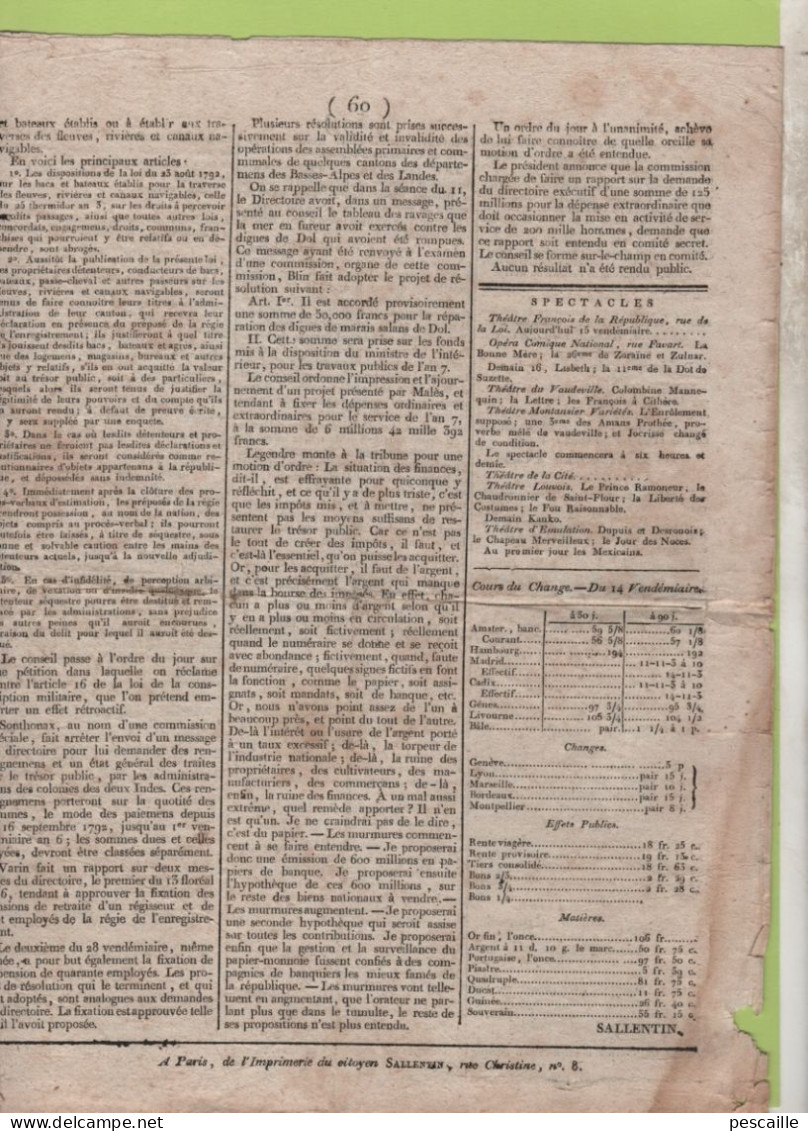 GAZETTE DE FRANCE 15 VENDEMIAIRE AN 7 - LORIENT - IRLANDE Gal HUMBERT CASTELBAR - ILE ST BARTHELEMY CORSAIRES - TORTOLA - Zeitungen - Vor 1800