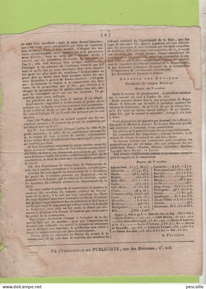 LE PUBLICISTE 22 02 1798 - VIENNE - ALLEMAGNE - ZURICH - IRLANDE TELEGRAPHE - LA HAYE - BRUXELLES - ORLEANS - ELECTIONS - Journaux Anciens - Avant 1800