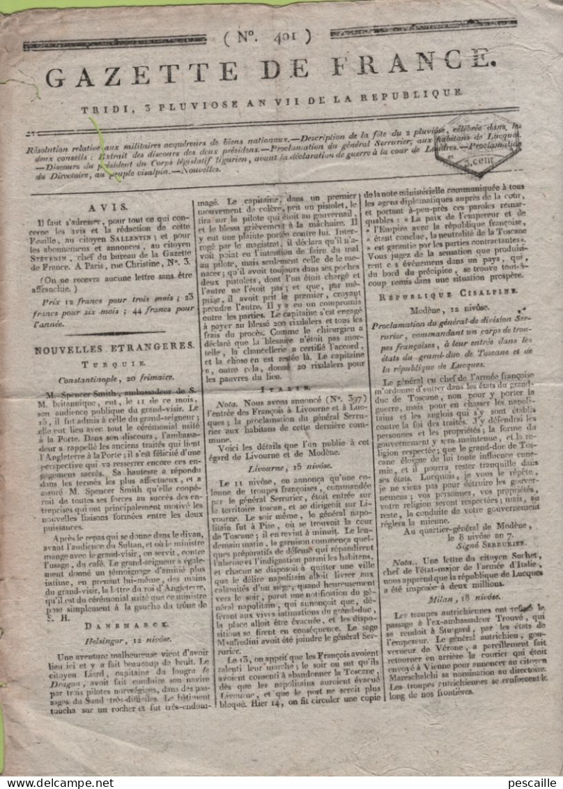 GAZETTE DE FRANCE 3 PLUVIOSE AN 7 - TURQUIE - HELSINGOR - LIVOURNE Gal SERRURIER LUCQUES - MILAN - GENES - BONAPARTE - Kranten Voor 1800