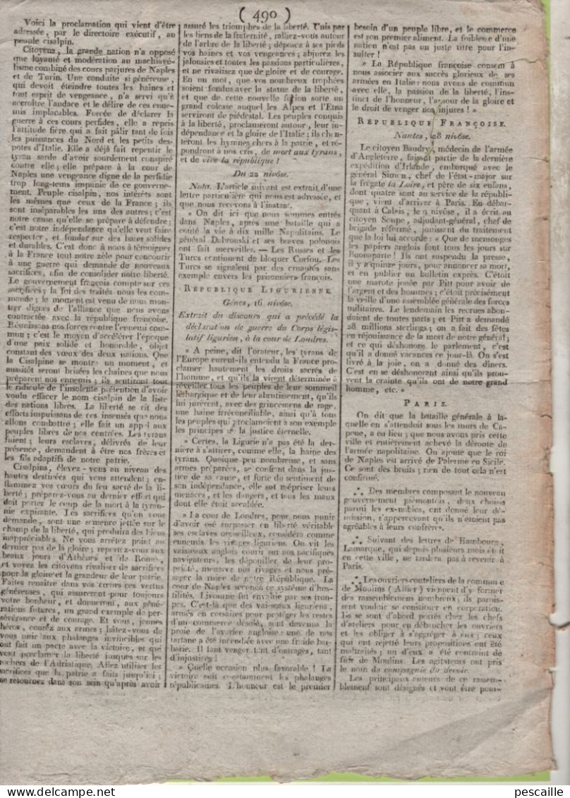 GAZETTE DE FRANCE 3 PLUVIOSE AN 7 - TURQUIE - HELSINGOR - LIVOURNE Gal SERRURIER LUCQUES - MILAN - GENES - BONAPARTE - Newspapers - Before 1800