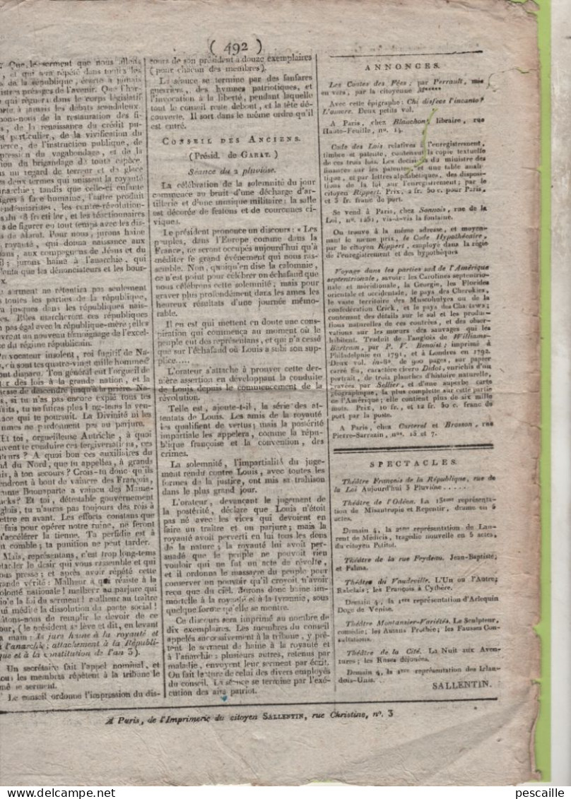 GAZETTE DE FRANCE 3 PLUVIOSE AN 7 - TURQUIE - HELSINGOR - LIVOURNE Gal SERRURIER LUCQUES - MILAN - GENES - BONAPARTE - Newspapers - Before 1800