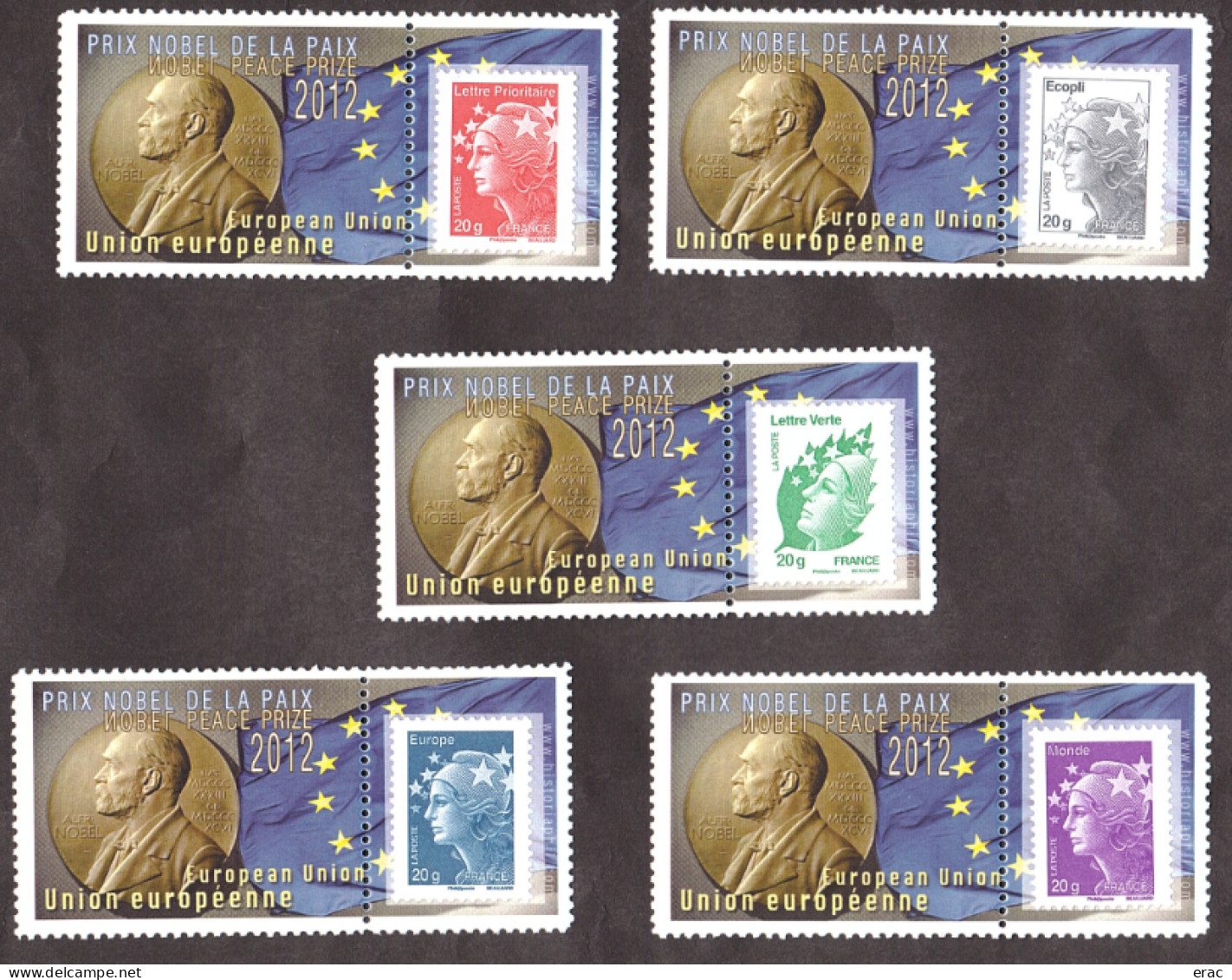 5 Porte-timbres Gommés Avec TVP Marianne De Beaujard Neufs - Prix Nobel De La Paix 2012 - Union Européenne - 2008-2013 Marianne Of Beaujard