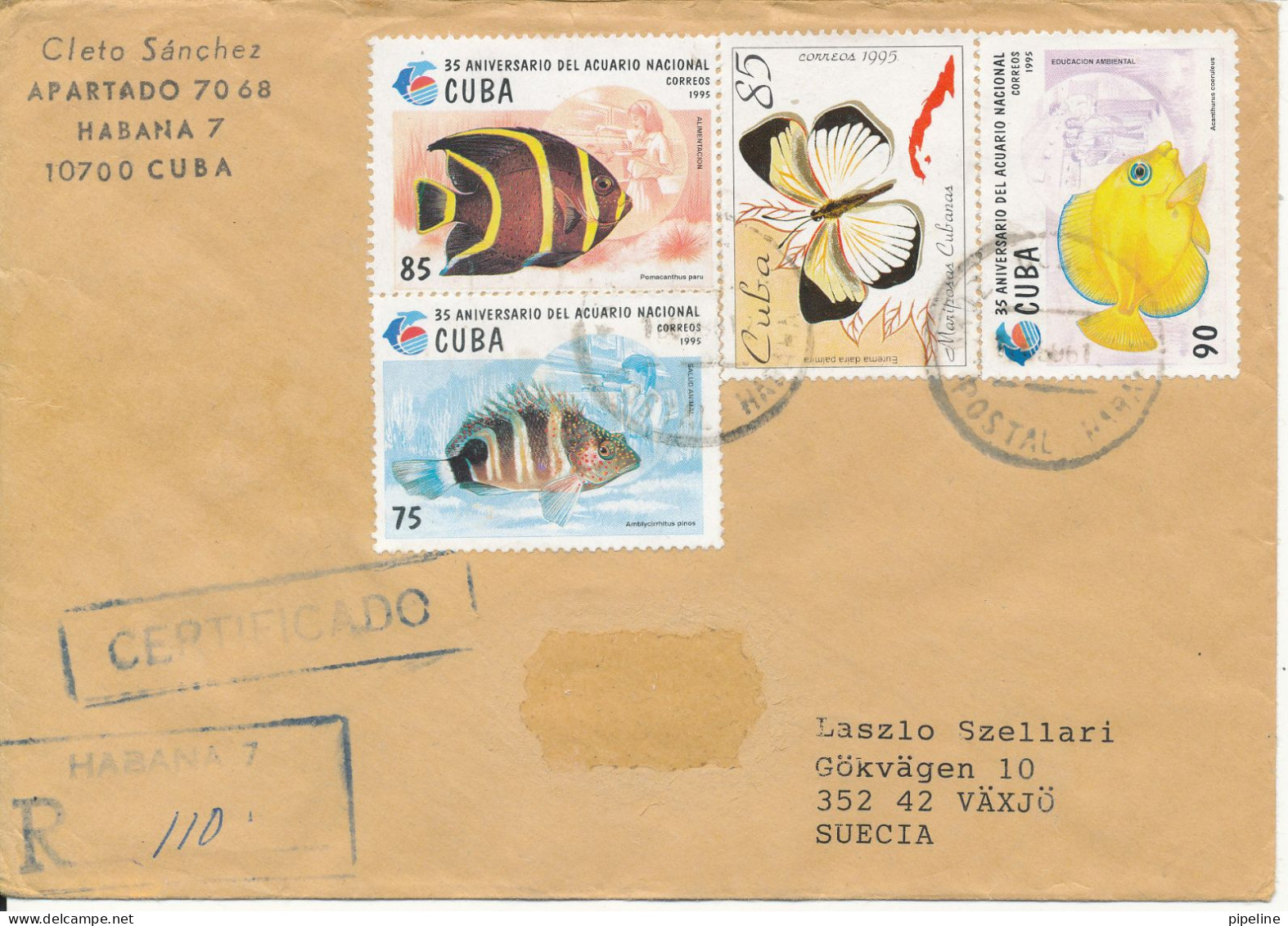 Cuba Registered Cover Sent To Sweden 1995 ?? Topic Stamps FISH - Brieven En Documenten