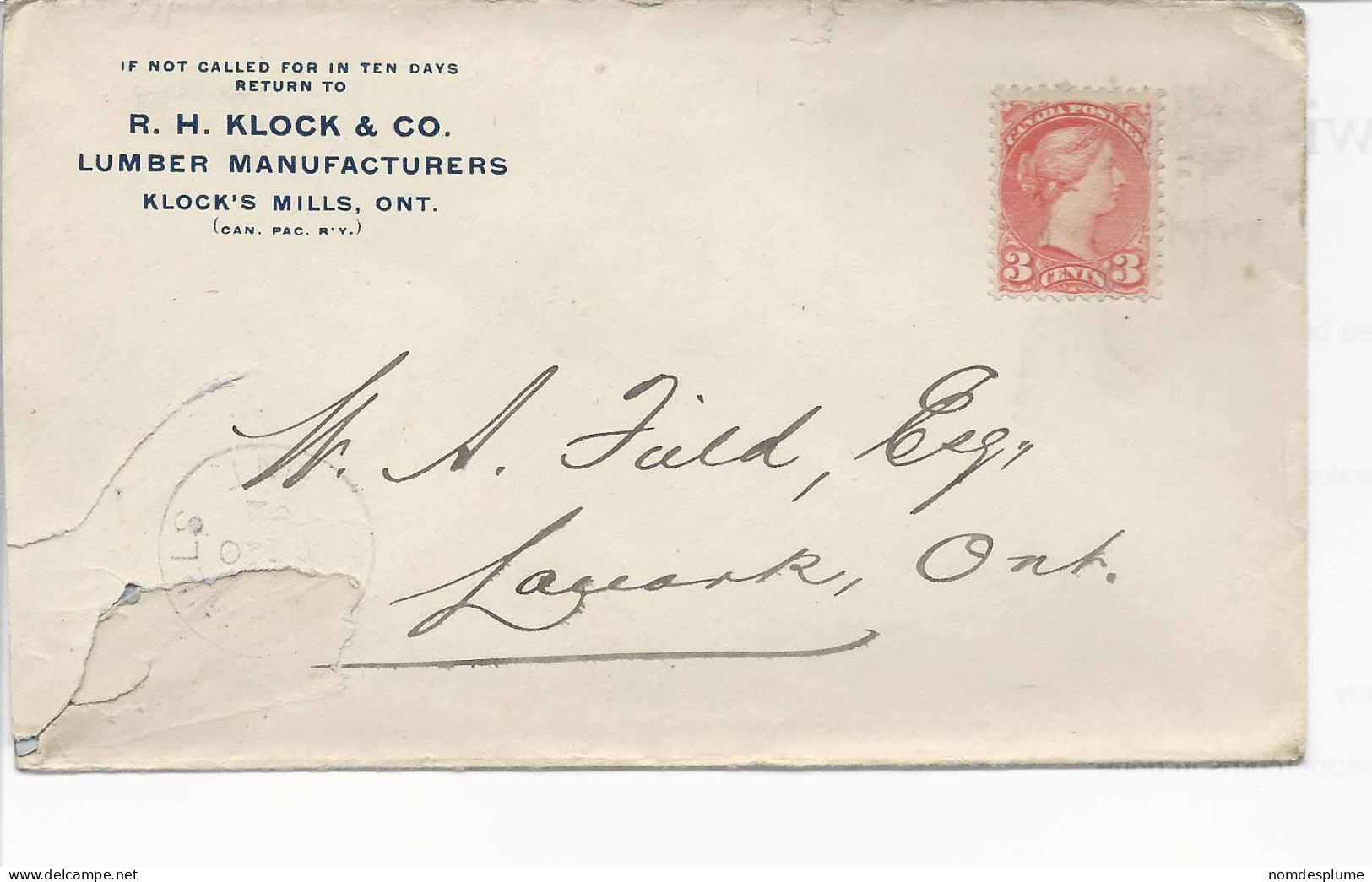 26262) Canada Cover Klocks Mills Ont Closed Post Office Postmark Cancel Tears At Left - Lettres & Documents