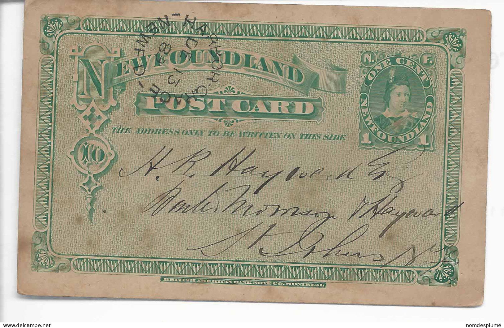 26276) Canada Newfoudkand Stationery 1889 Postmark Cancel RPO Harbor Grace - 1857-1861