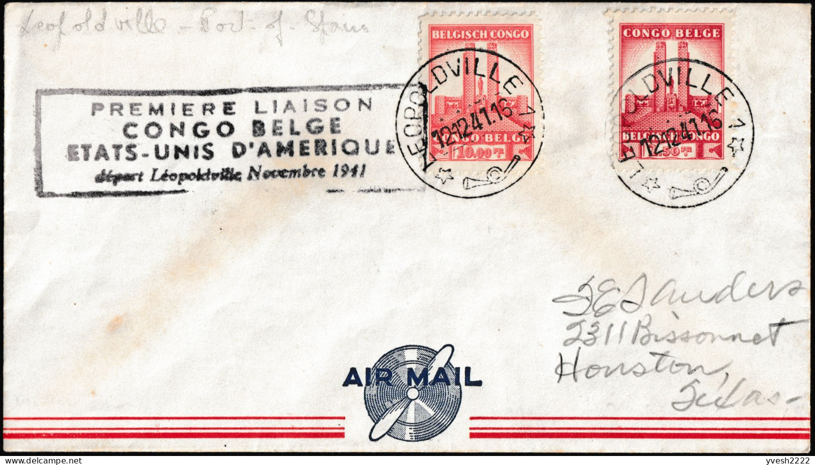 Congo Belge 1941 COB 221 Et 224 Sur Lettre Léopoldville à Houston, Via Port Of Spain, Trinidad. RRR - Covers & Documents