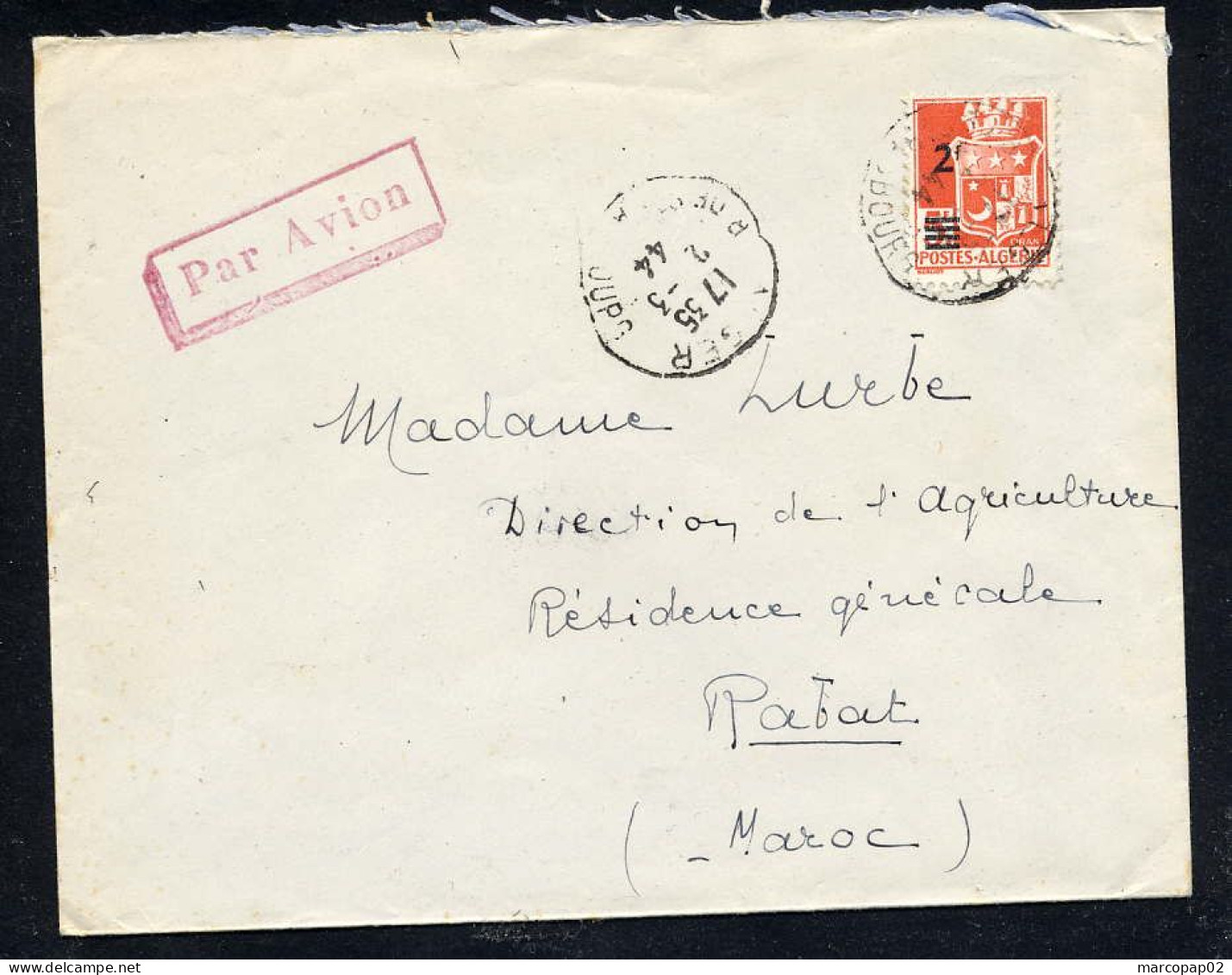 Lettre ALGERIE Par AVION Pour Le Maroc En Date Du 2/03/1944 - Luchtpost