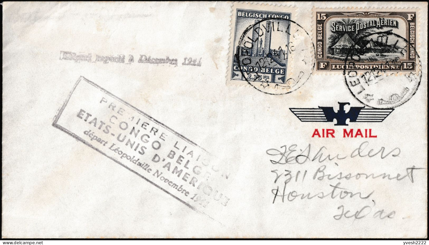 Congo Belge 1941 COB 222 Et PA 5 Sur Lettre Léopoldville à Houston, Via Miami. 1ère Liaison Congo Aux États-Unis - Covers & Documents