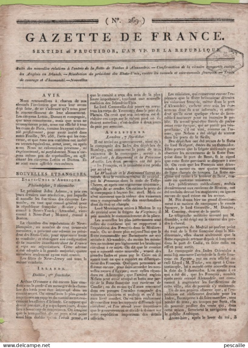 GAZETTE DE FRANCE 26 FRUCTIDOR AN 6 - PHILADELPHIE - DUBLIN - BONAPARTE EN EGYPTE / NELSON - TURQUIE - CONSTANCE ZURICH - Kranten Voor 1800