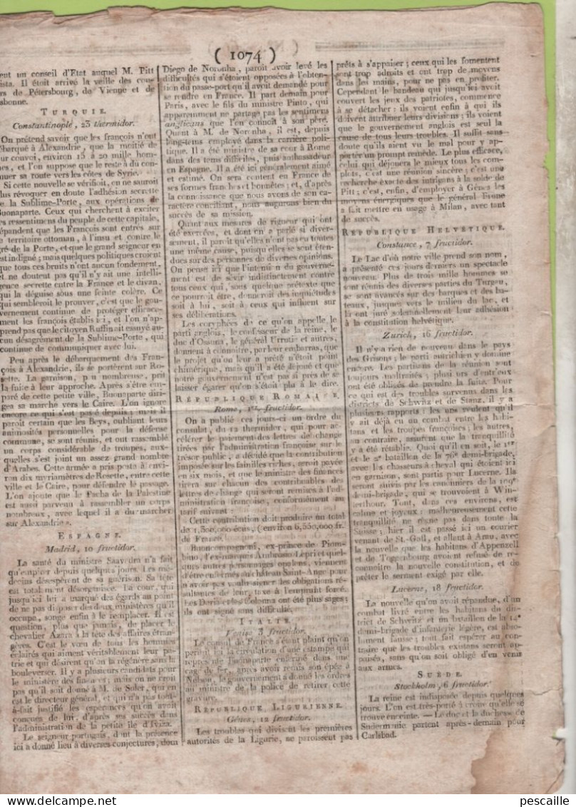 GAZETTE DE FRANCE 26 FRUCTIDOR AN 6 - PHILADELPHIE - DUBLIN - BONAPARTE EN EGYPTE / NELSON - TURQUIE - CONSTANCE ZURICH - Periódicos - Antes 1800