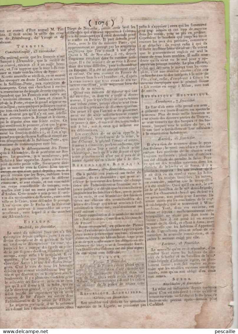 GAZETTE DE FRANCE 26 FRUCTIDOR AN 6 - PHILADELPHIE - DUBLIN - BONAPARTE EN EGYPTE / NELSON - TURQUIE - CONSTANCE ZURICH - Kranten Voor 1800