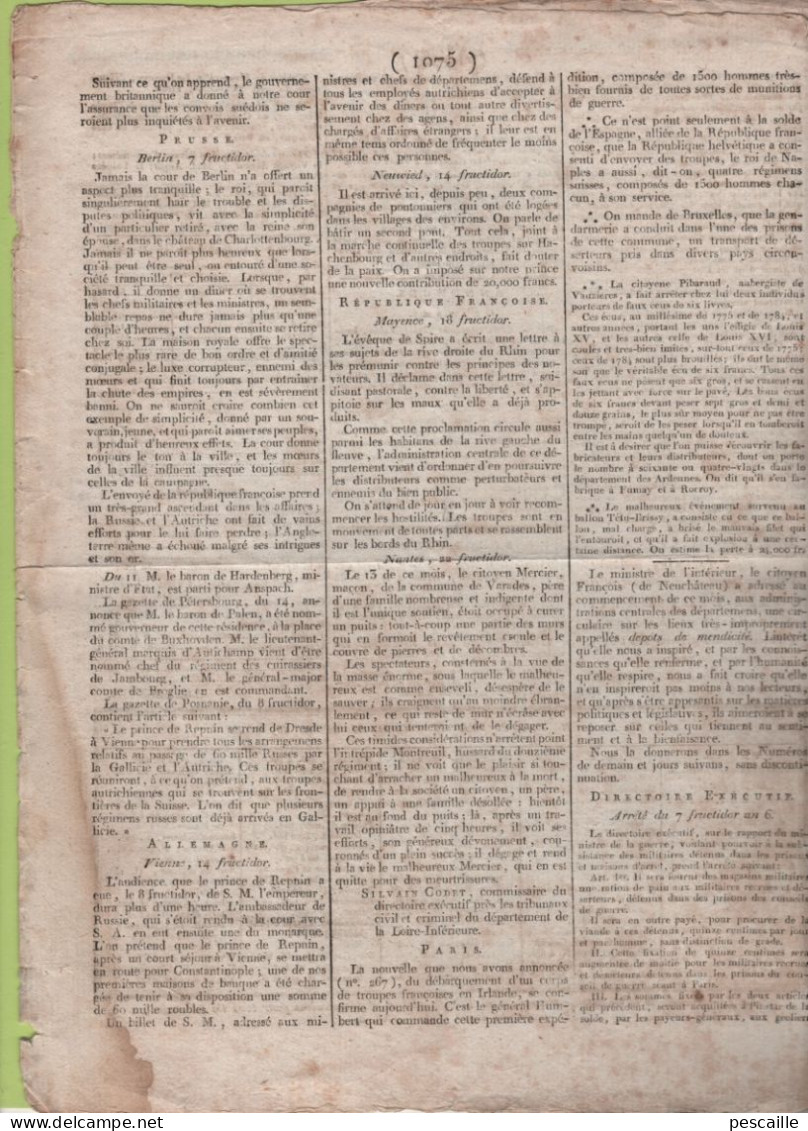 GAZETTE DE FRANCE 26 FRUCTIDOR AN 6 - PHILADELPHIE - DUBLIN - BONAPARTE EN EGYPTE / NELSON - TURQUIE - CONSTANCE ZURICH - Giornali - Ante 1800