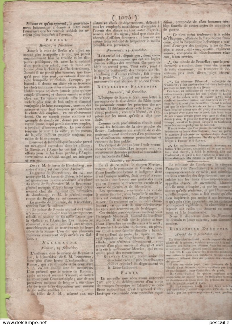 GAZETTE DE FRANCE 26 FRUCTIDOR AN 6 - PHILADELPHIE - DUBLIN - BONAPARTE EN EGYPTE / NELSON - TURQUIE - CONSTANCE ZURICH - Kranten Voor 1800