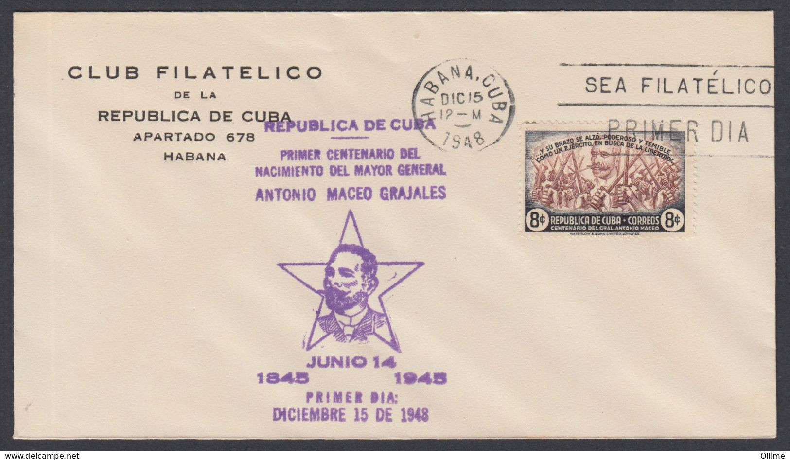 FDC CUBA 1948. CENTENARIO DEL NATALICIO DE ANTONIO MACEO. VALOR DE 8 CENTAVOS - FDC