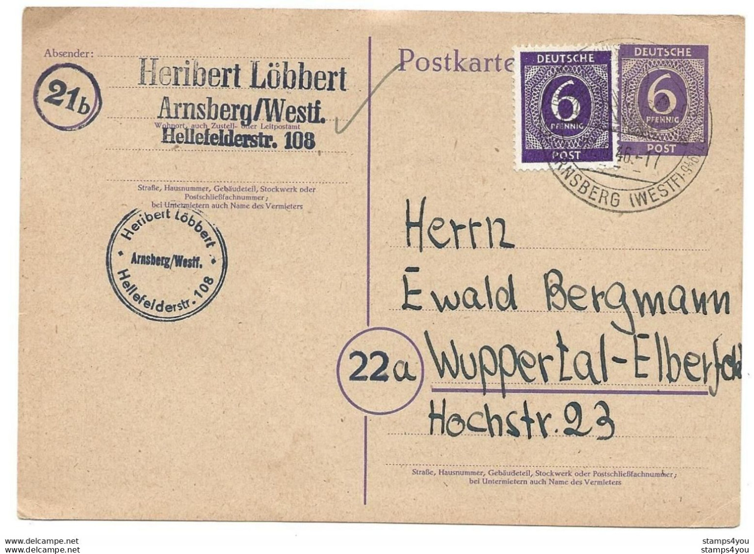138 - 94 - Entier Postal Avec Affranchissemetn Complémentaire Envoyé De Arnsberg 1946 - Postwaardestukken