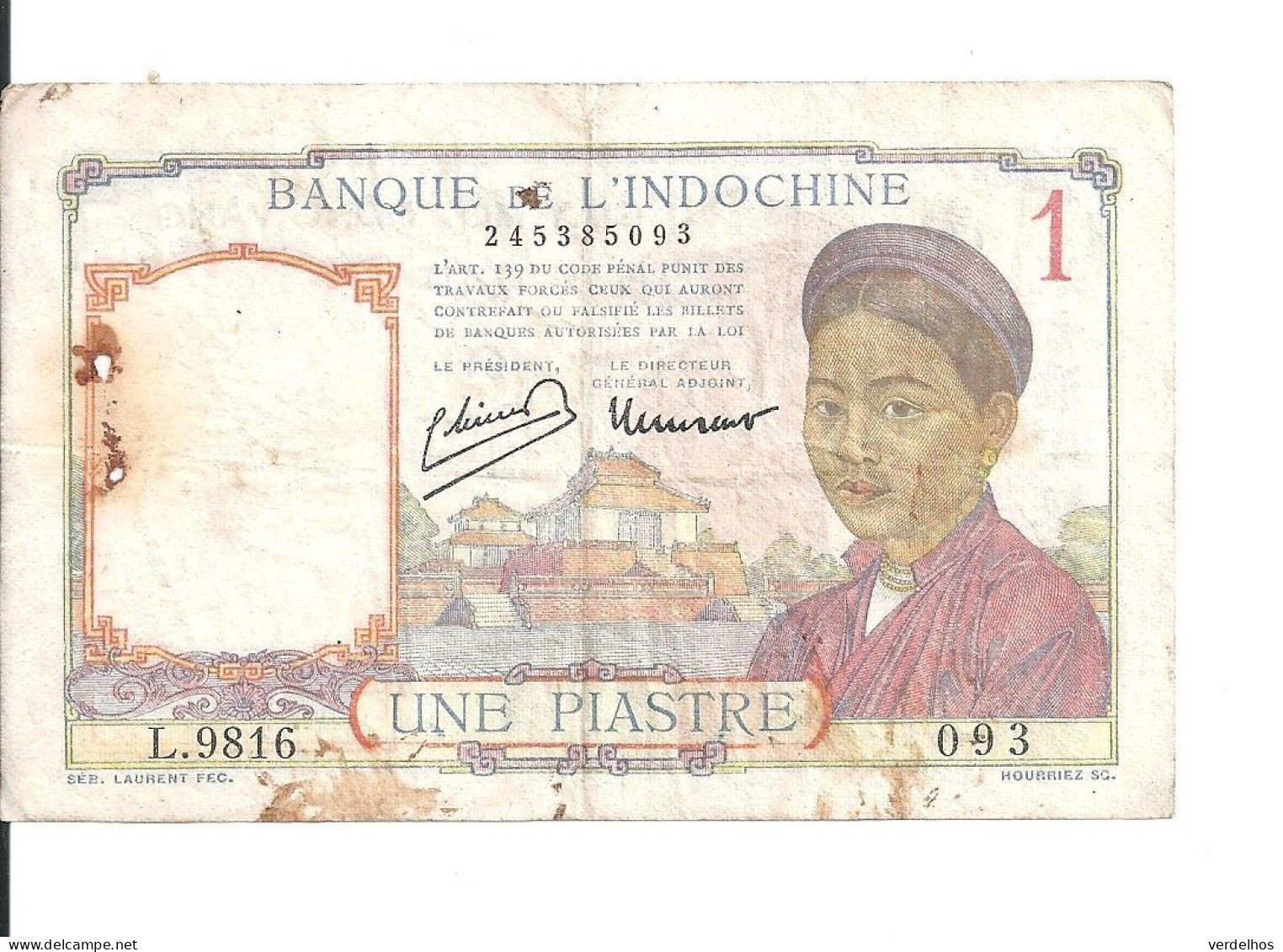 INDOCHINE 1 PIASTRE 1949 VF P 54 - Indochina